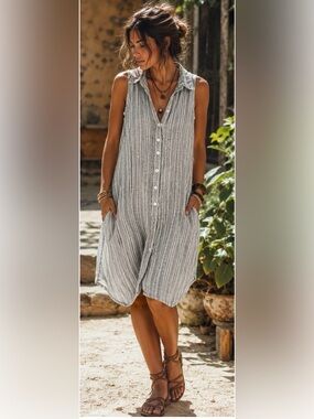 Boho Chic Linen Lagenlook Shirt Dress Tunic L Textured Stripe Pockets Artsy Boho